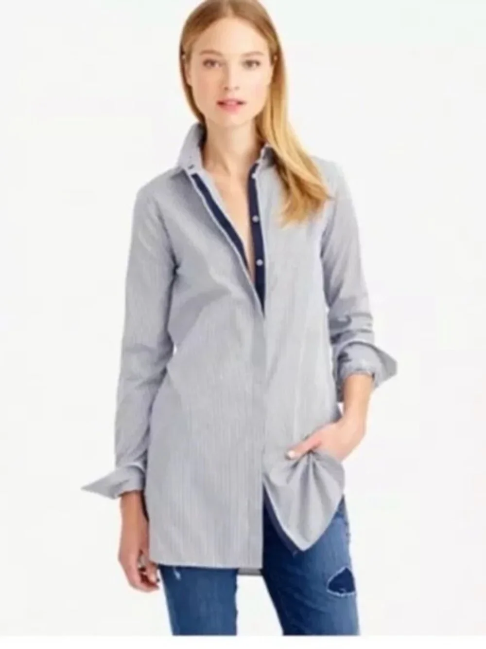 J. Crew Women's Endless Striped Button Down Shirt Tunic Size 14 Navy/White